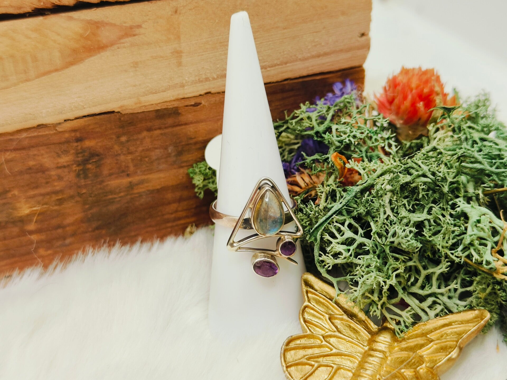 Labradoriet ring met amethist