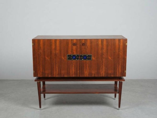 Mid-Century Rosewood Bar Cabinet with Decorative Brass & Enamel Details