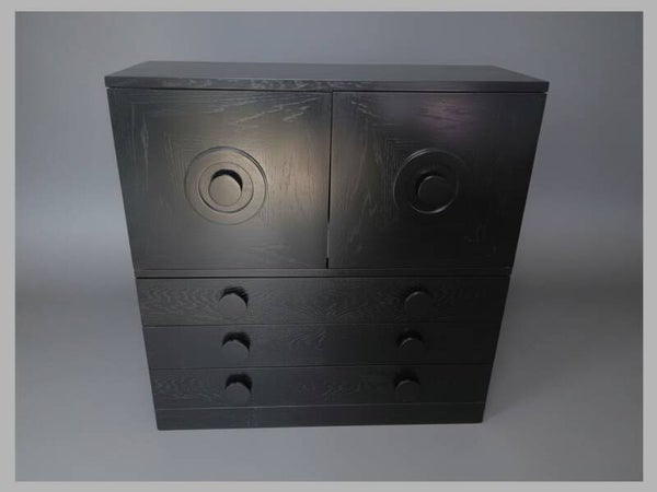 Belgian Brutalist Bar Cabinet — Black-Stained Oak with Illuminated Dry Bar, 1970s