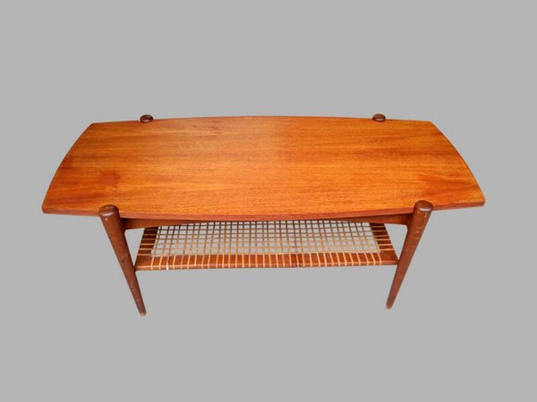 Creafort Teak Coffee Table with Reversible Top and Cane Shelf, 1970s