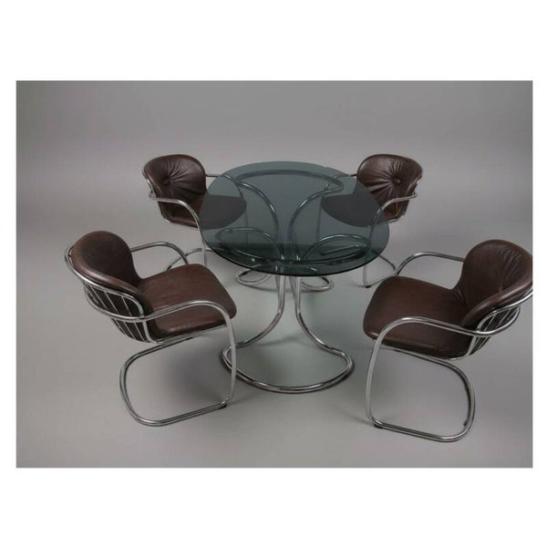 Gastone Rinaldi dining set - chrome table with glass top & 4 Sabrina chairs