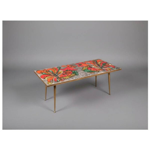 Vintage Juliette Belarti ceramic tile coffee table with rooster motif - Belgium 60's