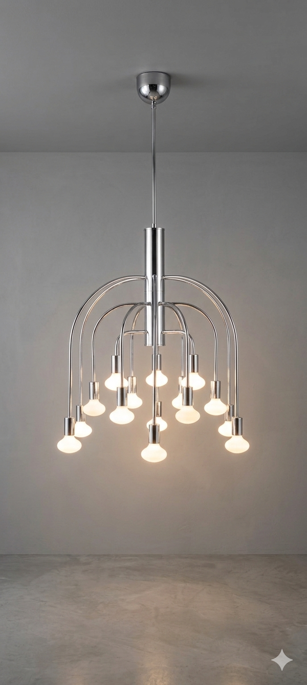 Sciolari chrome 15-light chandelier, Italy 1970's