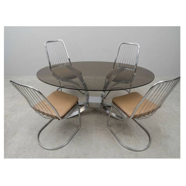 Belgochrome glass dining table with Gastone Rinaldi chrome chairs 70's Italian design set