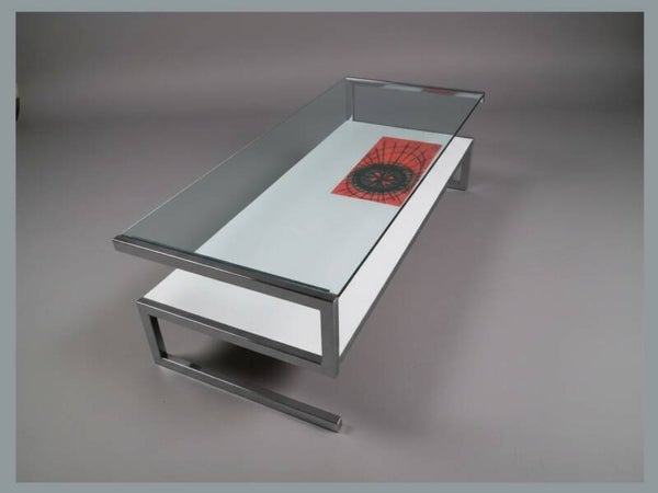 Belarti coffee table with chromed steel, glass & ceramic artwork