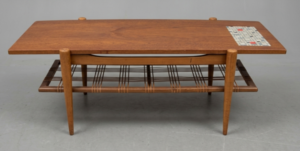 Louis van Teeffelen Reversible Coffee Table with Mosaic-Print Laminate Top and Teak Cane Shelf, Netherlands 1960s