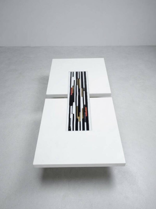 Compar Venezia Postmodern Coffee Table, White Lacquer & Murano Glass Inlay, Italy