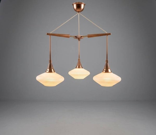 Scandinavian Mid-Century Modern Teak, Copper & Opaline Glass 3-Light Chandelier, 1960s