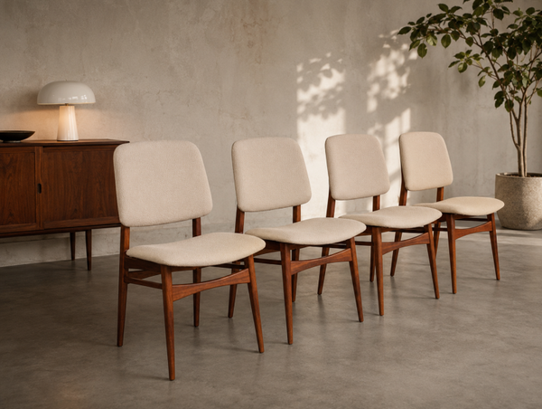 Set of 4 Louis van Teeffelen “Milaan” Dining Chairs in Teak – Newly Upholstered
