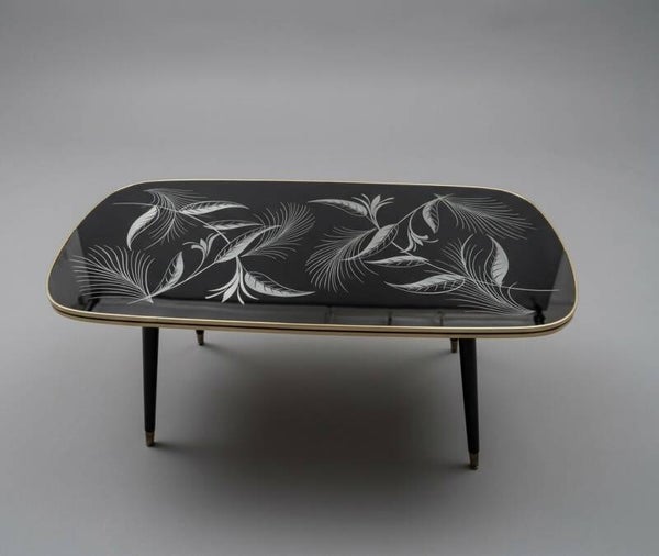 Vintage 1960s Rockabilly Coffee Table – Black Glass & Botanical Design