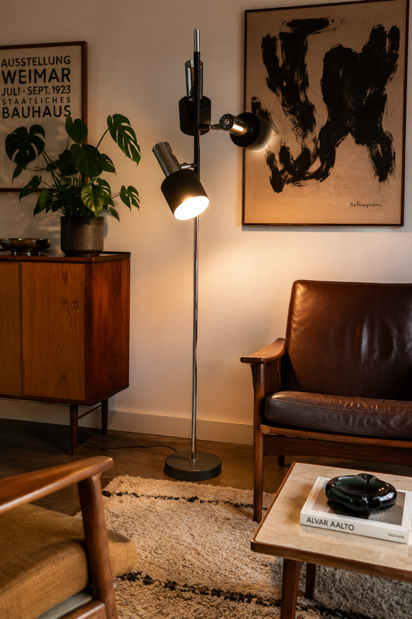 Staff Leuchten Adjustable Floor Lamp – Mid-Century Chrome & Black Metal, Germany, 1960s-70s