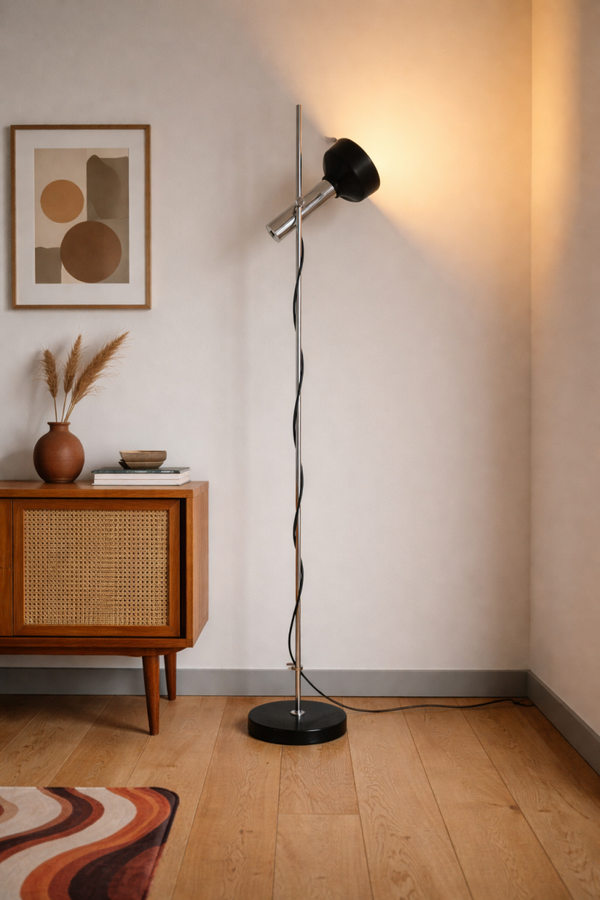 Vintage Staff Leuchten Floor lamp, chrome and black adjustable spotlight