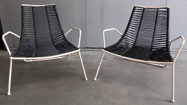 Italian Spaghetti lounge chairs, black cord & white metal frame 1960