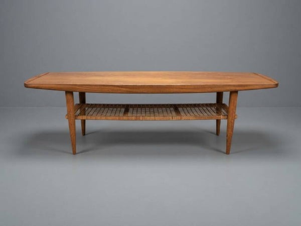 Vintage Teak Coffee Table with Woven Cane Shelf, 1960s