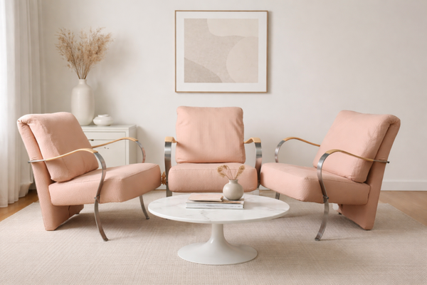 Set of 3 vintage 70's lounge chairs in chrome and wood - blush upholstery