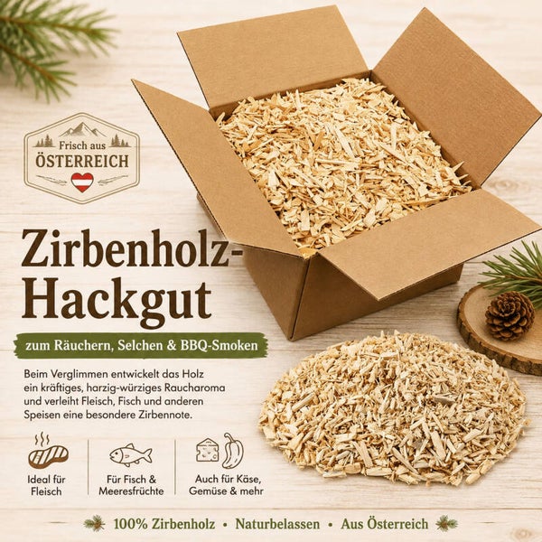 Zirbenholz-Hackgut zum Räuchern, Selchen und BBQ-Smoken