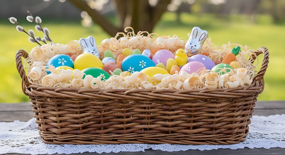 Osterkorb mit bunten Ostereiern auf frischen Zirbenspänen als natürliches Füllmaterial