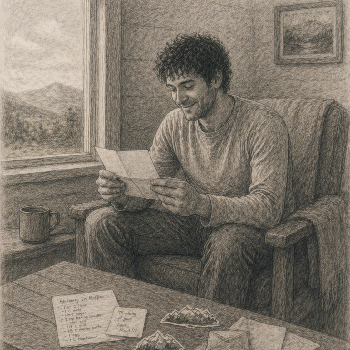 Snail mail club for dads. Image of a man reading a letter