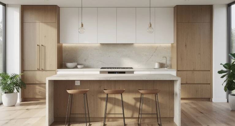 The image depicts a contemporary kitchen featuring an island bench crafted from natural materials, highlighting custom cabinetry and exceptional craftsmanship. The design emphasizes functionality and style, making it an ideal space for modern living.