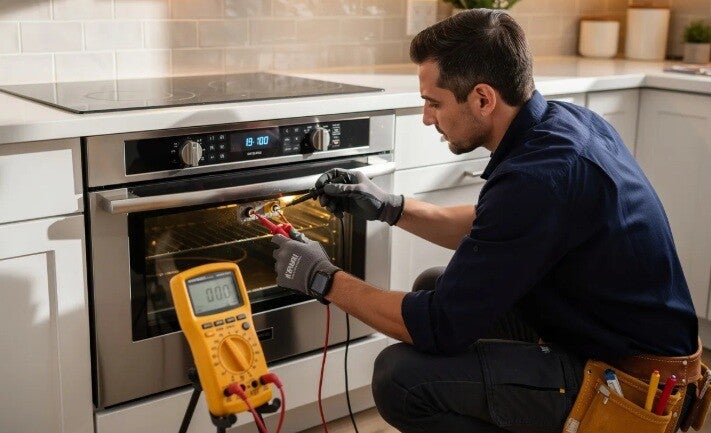An electrician is testing a newly installed electric oven using a digital multimeter to ensure it is working correctly. This professional appliance installation service guarantees optimal performance and safety for the kitchen's electrical system.