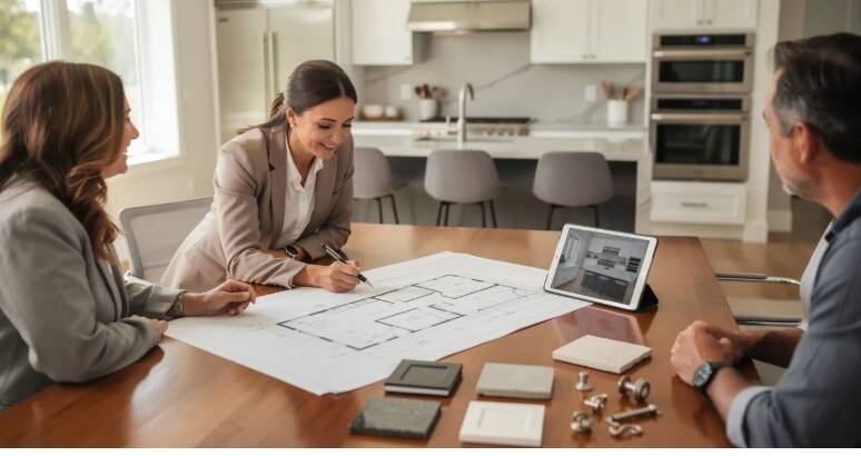 A modern kitchen consultation scene shows a designer and client examining detailed drawings and floor plans, discussing layout options for a bespoke kitchen renovation. The expert team is focused on creating a functional and stylish design