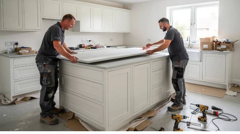 A kitchen installation team is carefully fitting a natural stone benchtop onto a custom kitchen island cabinetry, showcasing the premium materials and quality craftsmanship. The waterfall edge design enhances the visual appeal, making it a focal point 