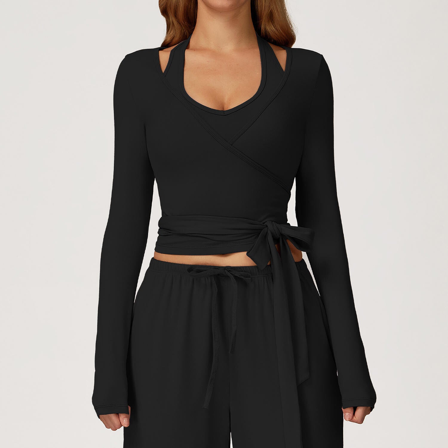 Trendy With Side Tie Rope Ballet Wrap Top Deep V-neck