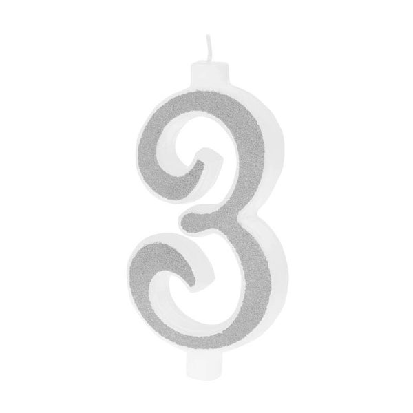 Suuri hopeinen kynttilä glitterillä, numero 3