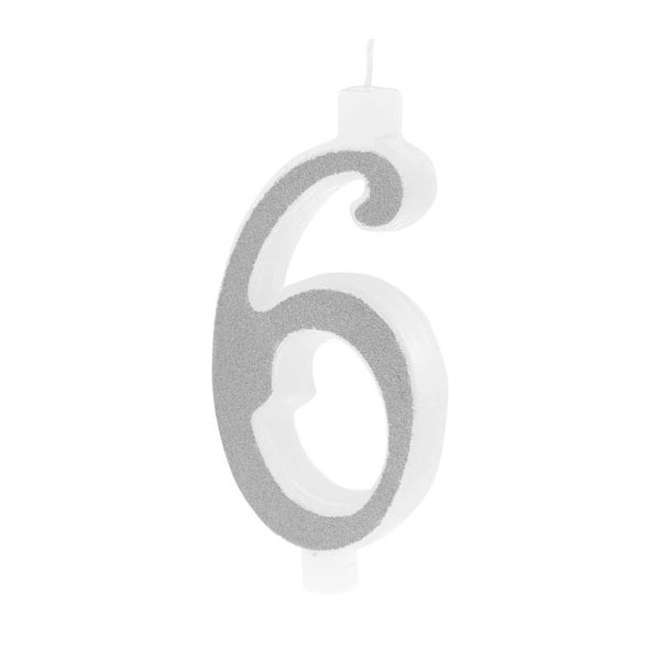 Suuri hopeinen kynttilä glitterillä, numero 6