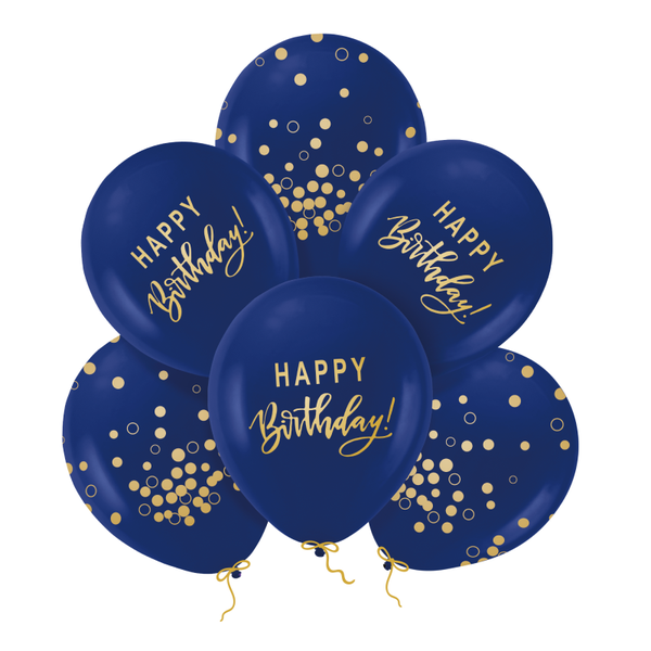 Happy Birthday -ilmapallot, tummansininen ja kulta, 30 cm, 6 kpl