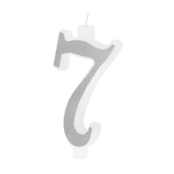 Suuri hopeinen kynttilä kimalluksella, numero 7