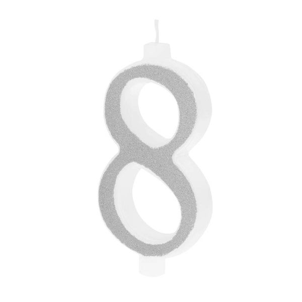 Suuri hopeinen kynttilä glitterillä, numero 8