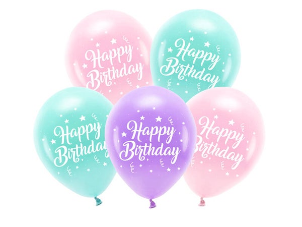 Eco-ilmapallot Happy Birthday – Pinkki mix, 26 cm, 5 kpl