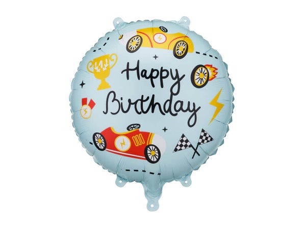 Foliopallo Happy Birthday, 35 x 35 cm, kilpa-autoaiheinen