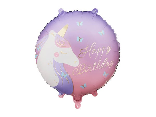 Pyöreä foliopallo Happy Birthday Yksisarvinen, 35 x 35 cm