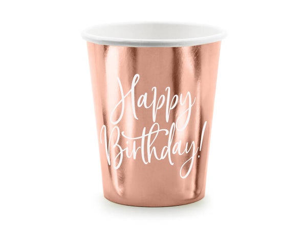 Pahvimukit Happy Birthday! ruusukulta 260 ml, 6 kpl