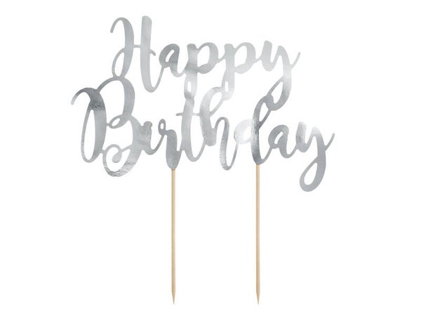 Kakkukoriste Happy Birthday hopea 22,5 cm
