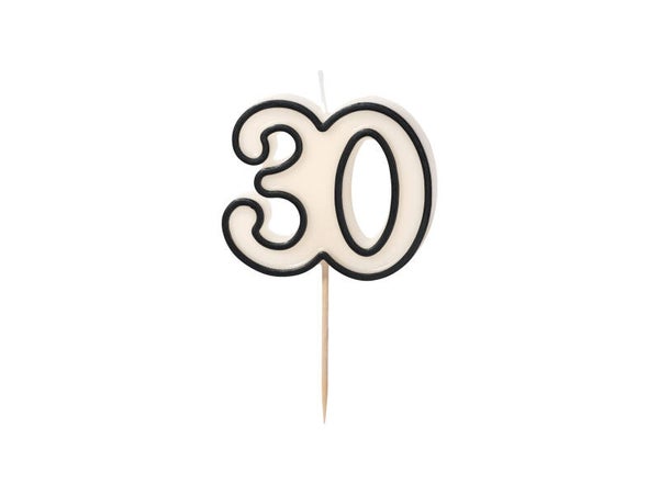 Syntymäpäiväkynttilä numero 30, mustavalkoinen, 5,5 cm