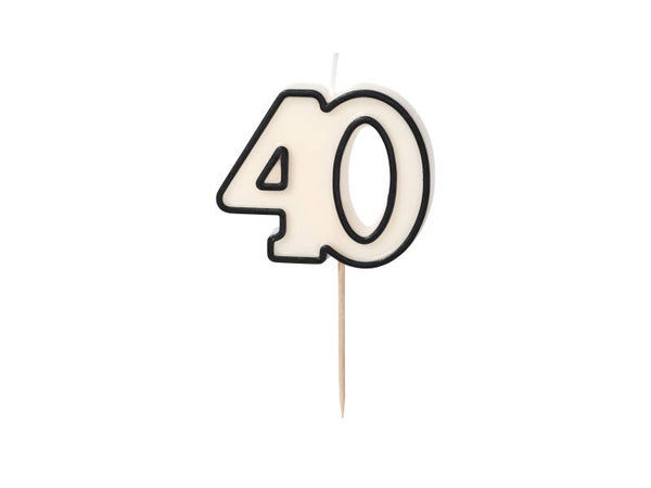 Syntymäpäiväkynttilä numero 40, mustavalkoinen, 5,5 cm