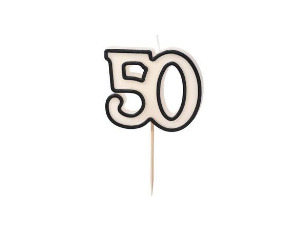 Syntymäpäiväkynttilä numero 50, mustavalkoinen, 5,5 cm
