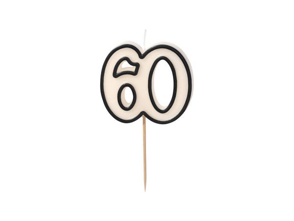 Syntymäpäiväkynttilä numero 60, mustavalkoinen, 5,5 cm