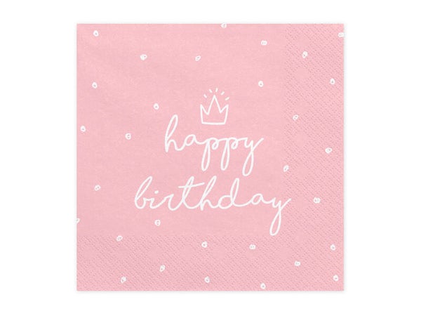 Paperiservetit Happy Birthday – Vaaleanpunainen/valkoinen, 33 × 33 cm, 20 kpl