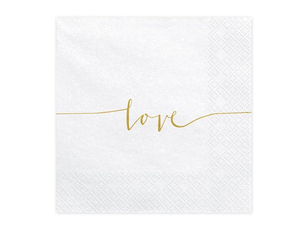Paperiservetit Love – Valkoinen/kulta, 33 × 33 cm, 20 kpl