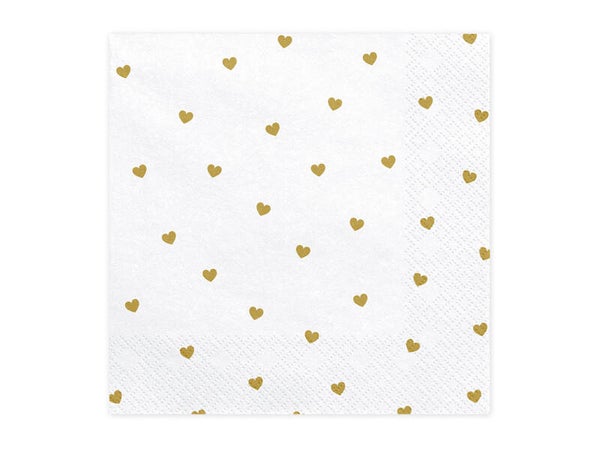 Paperiservetit Sydämet – Valkoinen/kulta, 33 × 33 cm, 20 kpl