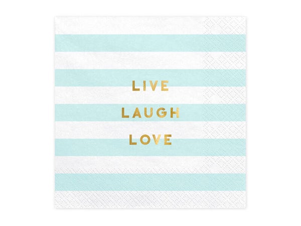 Paperiservetit Live Laugh Love – Valkoinen/vaaleansininen/kulta, 33 × 33 cm, 20 kpl