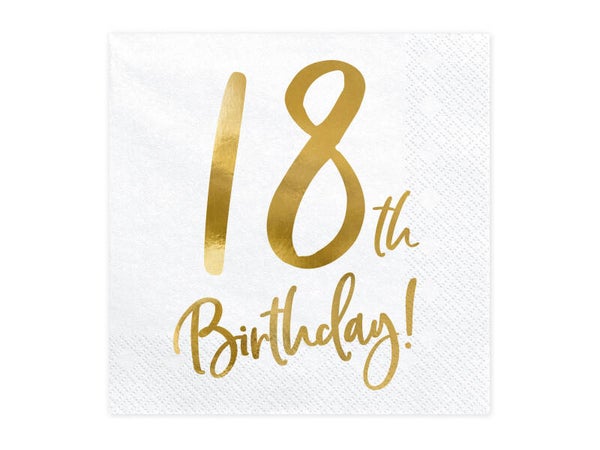 Lautasliinat 18th Birthday valkoinen-kulta 33 x 33 cm, 20 kpl