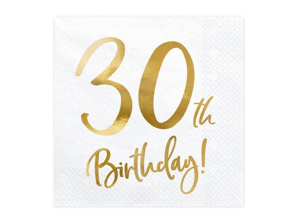 Lautasliinat 30th Birthday valkoinen-kulta 33 x 33 cm, 20 kpl