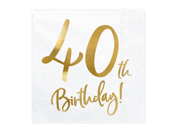 Lautasliinat 40th Birthday valkoinen-kulta 33 x 33 cm, 20 kpl