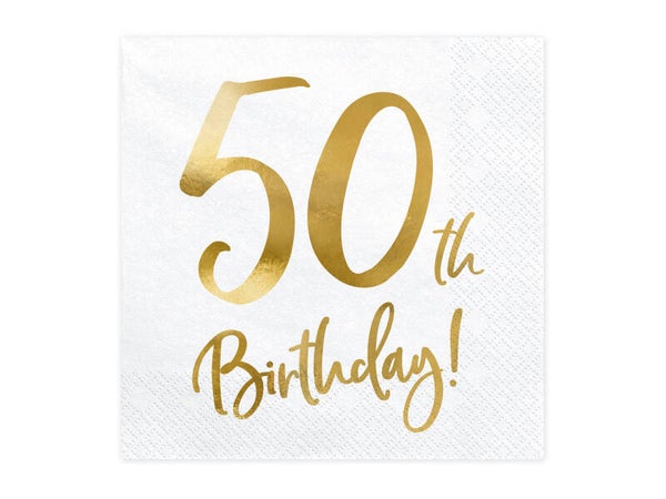 Lautasliinat 50th Birthday valkoinen-kulta 33 x 33 cm, 20 kpl
