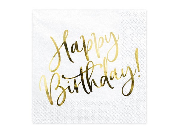 Lautasliinat Happy Birthday valkoinen-kulta 33 x 33 cm, 20 kpl